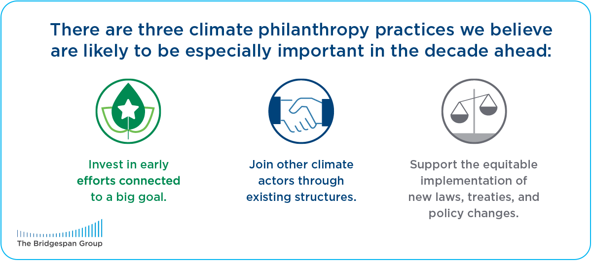 Three philanthropy practices for approaching climate change, invest early, join with others, support equitable implementation of new laws and policies