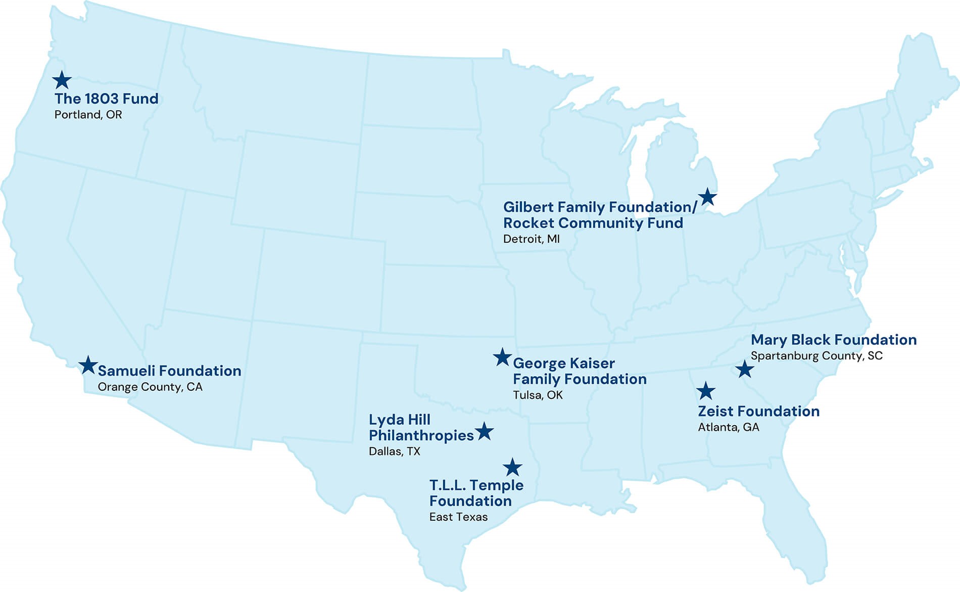 United States map showing eight locations and organizations mentioned in the article