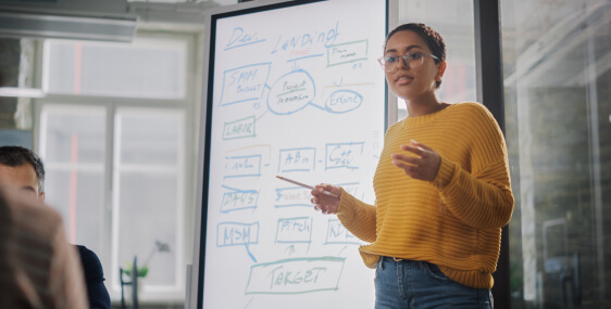 Woman at whiteboard leading conversation