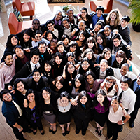 An aerial view of a group of smiling people